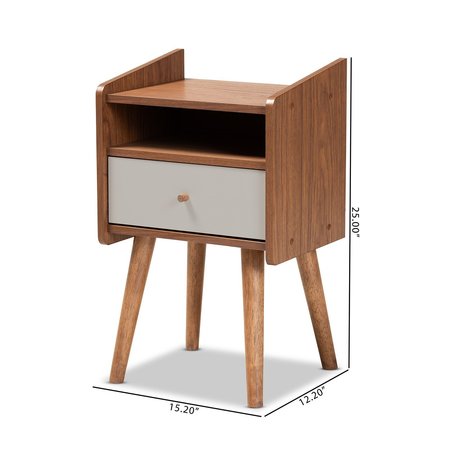 Baxton Studio Elario Mid-Century Modern Two-Tone Grey and Walnut Brown Finished Wood 1-Drawer Nightstand 179-11019-Zoro